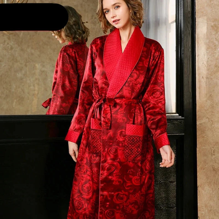 Winter Red Rose Silk Robe Set - Luxurious Plaid Mulberry Silk Gown for Women