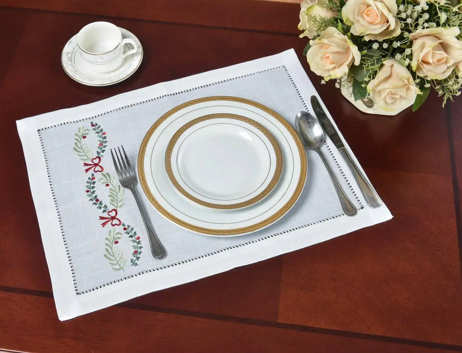 Luxurious Hemstitched Christmas Table Linens: Exquisite Embroidered Collection for an Elegant Dining Experience