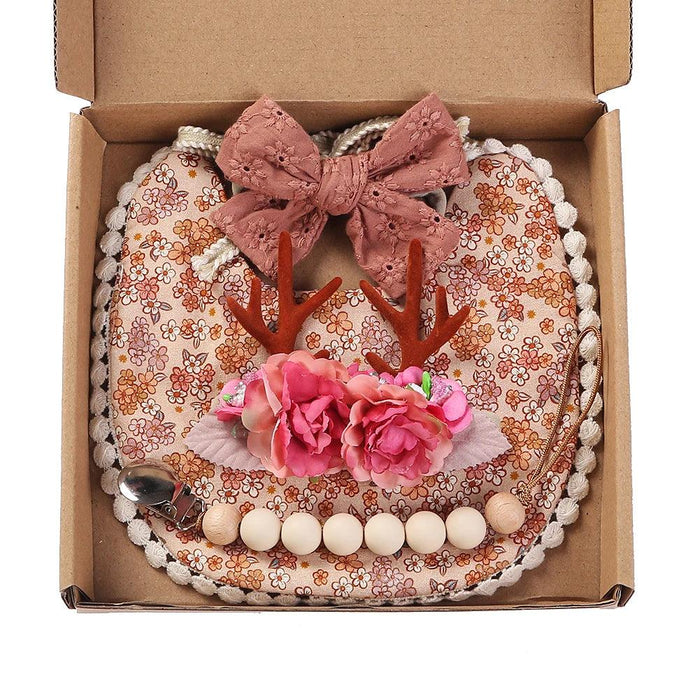 Chic Floral Baby Care Set: Bib, Headband, and Silicone Pacifier Clip in Festive Gift Box