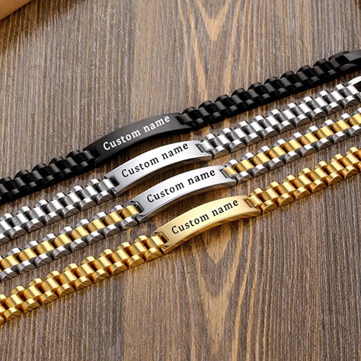 Personalized Stainless Steel Nameplate Bracelets with Gold Chain for Him and Her