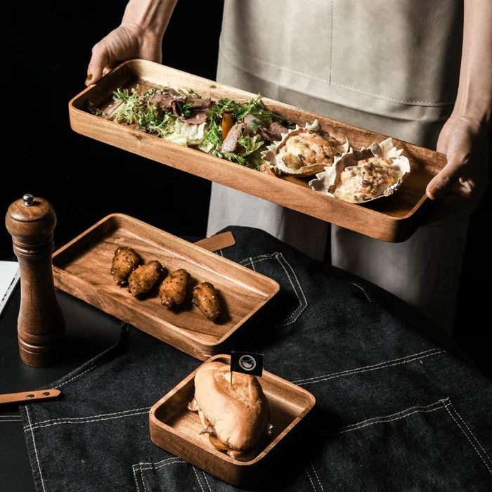 Stylish Acacia Wood Serving Tray with Ergonomic Grooved Handles - Perfect for Breakfast, Sushi, Snacks, and Desserts