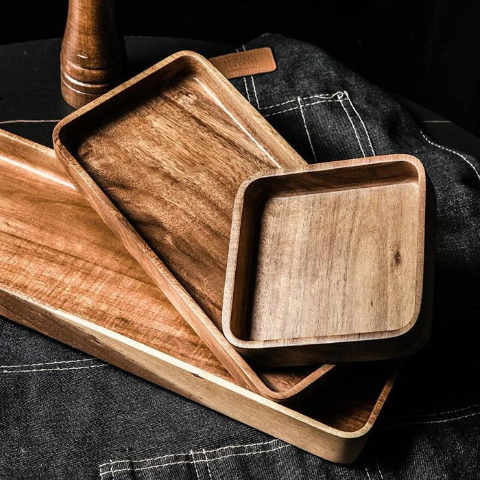 Stylish Acacia Wood Serving Tray with Ergonomic Grooved Handles - Perfect for Breakfast, Sushi, Snacks, and Desserts