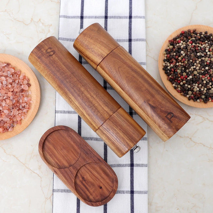 Sophisticated Acacia Wood Salt and Pepper Mills with Elegant Tray - 8 Inch Refillable Set