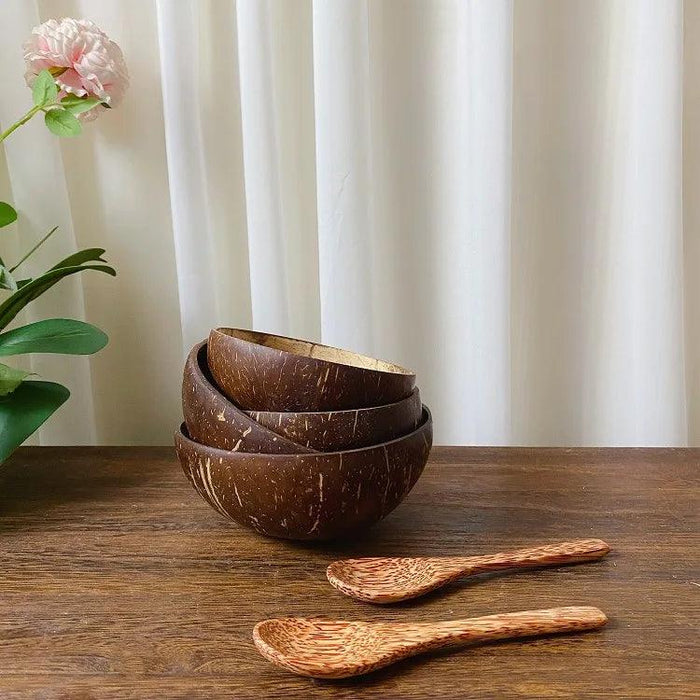 Handcrafted Coconut Bowl Collection with Wooden Spoon - Sustainable Natural Tableware for Salads, Desserts, and More (12-15cm)