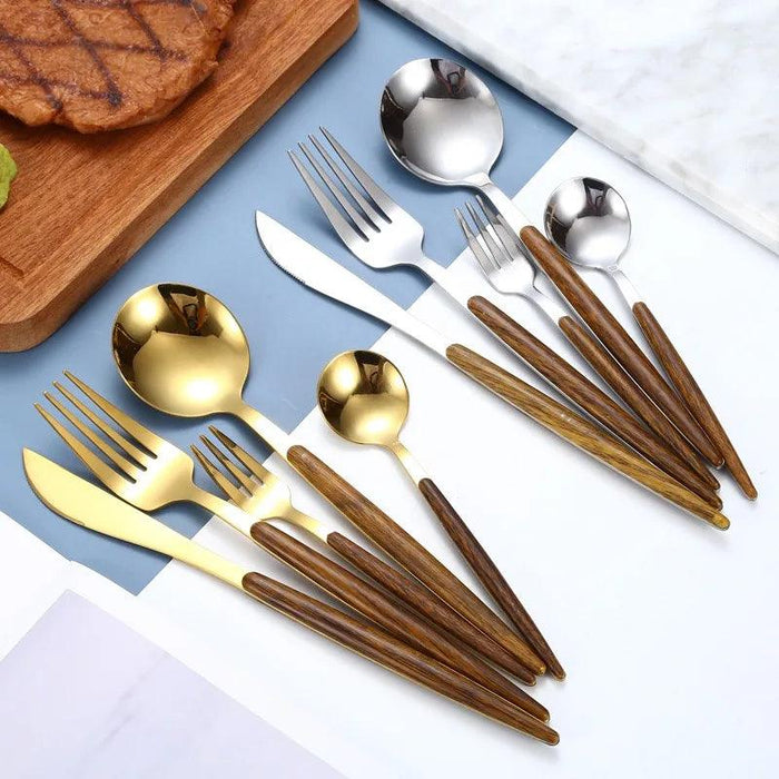 Luxurious Stainless Steel Cutlery Set with Elegant Wood Grain Handles