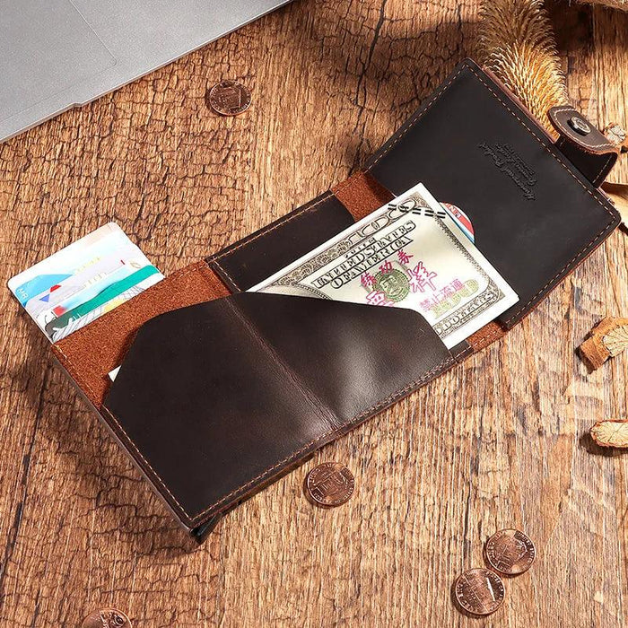 RFID Blocking Crazy Horse Leather Men's Card Wallet with Push-Button Ejection and Money Clip