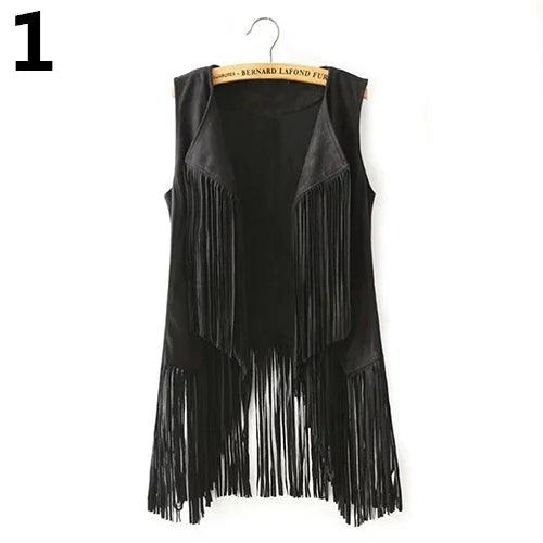 Sleeveless Faux Leather Women's Motorcycle Vest with Bohemian Suede Tassels and Fringe