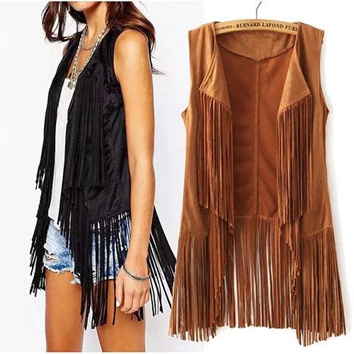 Sleeveless Faux Leather Women's Motorcycle Vest with Bohemian Suede Tassels and Fringe