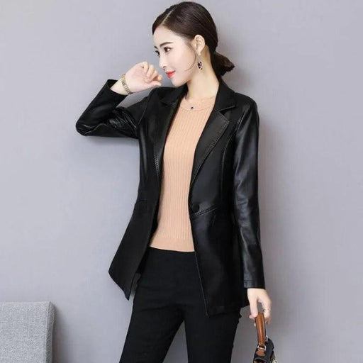 Sophisticated Korean Sheepskin Leather Blazer for Women - Trendy Mid-Length Fashion Coat