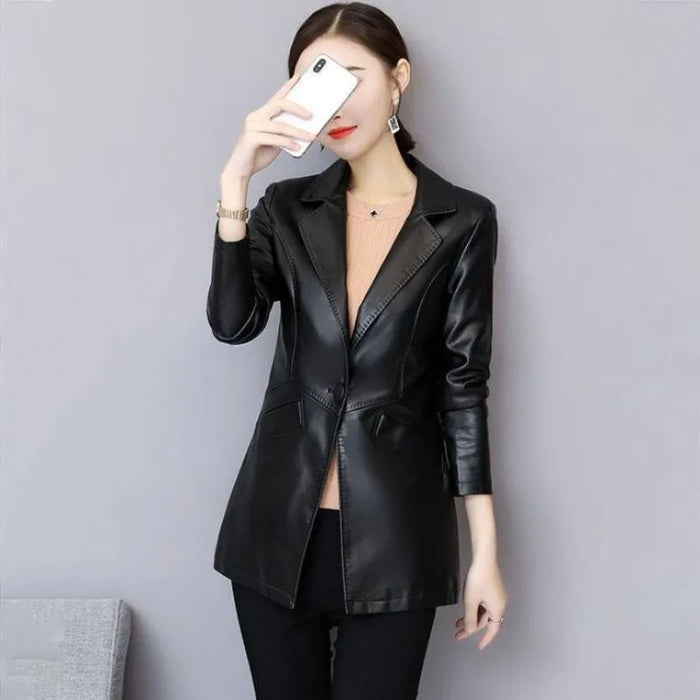 Sophisticated Korean Sheepskin Leather Blazer for Women - Trendy Mid-Length Fashion Coat