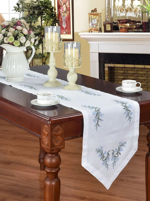 Elegant Blue Harebell Floral Embroidered Table Runner - Luxurious Cotton Home Accent