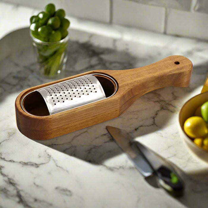 Elegant Acacia Wood and Stainless Steel Cheese Grater with Collector Box