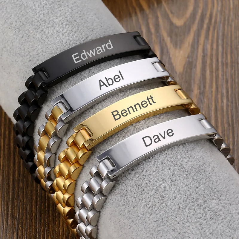 Personalized Stainless Steel Nameplate Bracelets with Gold Chain for Him and Her