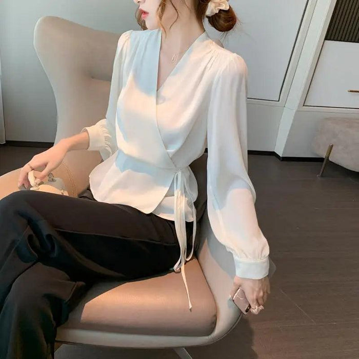 Korean-Style Women's Long Sleeve V-Neck Lace-Up Blouse