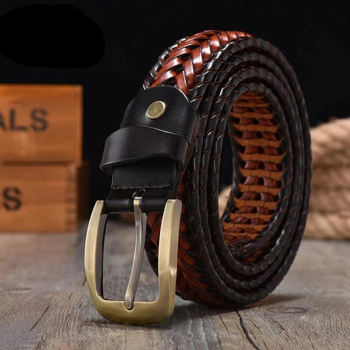 Men's Elegant Gold Buckle Braided Genuine Leather Belt