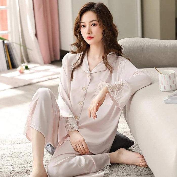 Elegant Blush Ice Silk Pajama Ensemble with Delicate Lace Details