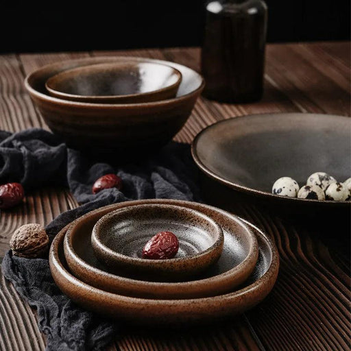 Charming Retro Japanese Stoneware Tableware Set: Ideal Bowls and Plates for Noodles, Soups, and Desserts