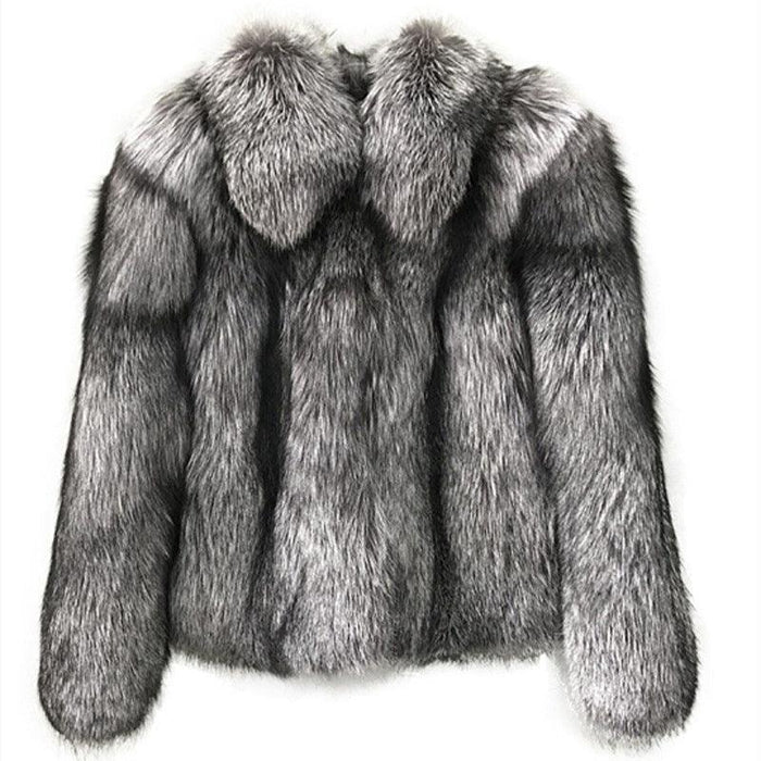 Chic Urban Elegance: Cropped Dark Silver Fox Faux Fur Jacket for Women