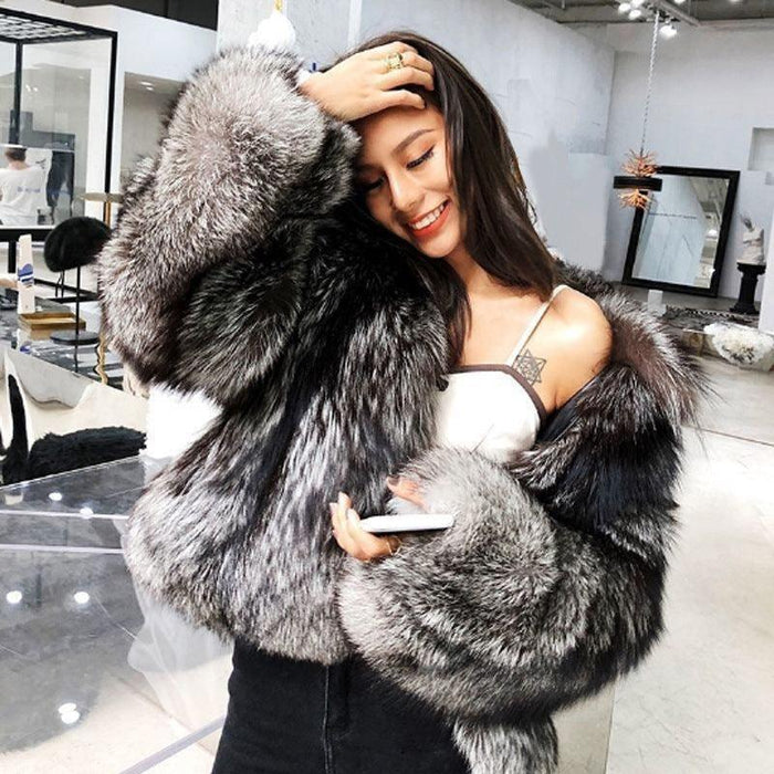 Chic Urban Elegance: Cropped Dark Silver Fox Faux Fur Jacket for Women