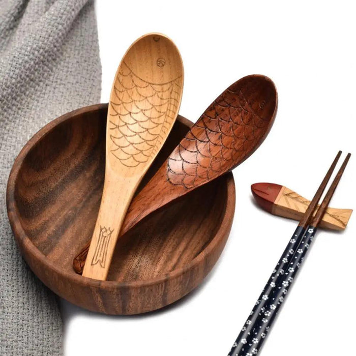 Charming Handcrafted Fish-Shaped Japanese Wooden Rice Spoon - Short-Handled Kitchen Essential