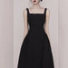 Women's Retro Black Dress - Elegant Audrey Hepburn Style Slim Waist Strap Dress