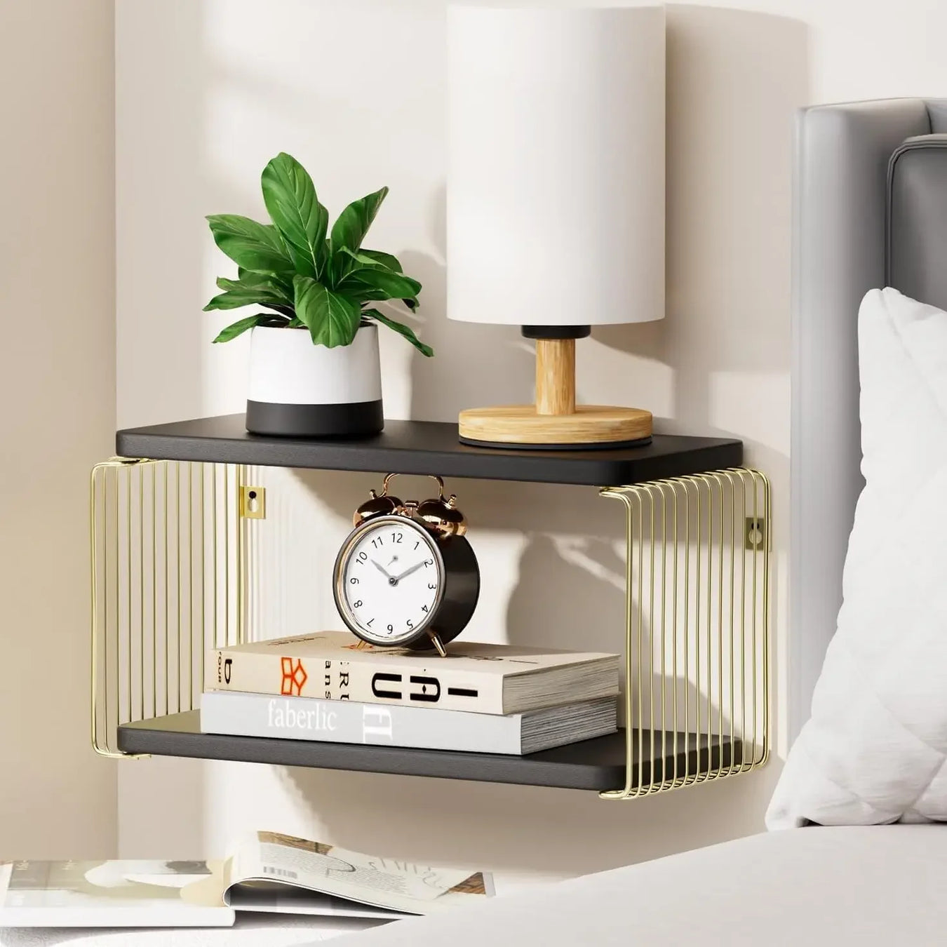 Elegant Black and Gold Wall-Mounted Nightstand with Bedside Storage Shelves