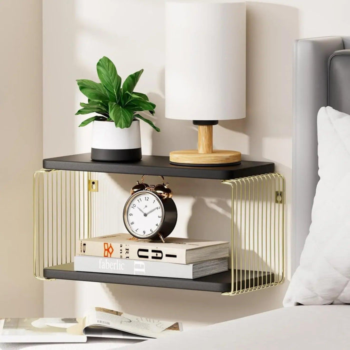 Stylish Black and Gold Floating Nightstand with Convenient Bedside Shelves