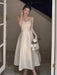 Chic White Satin Midi Dress with Low Cut Neckline - Exquisite Evening Party Gown for Women