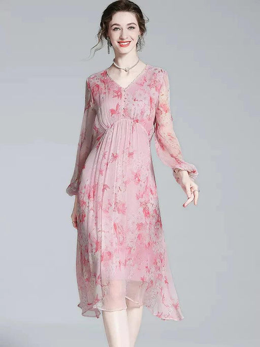 French Floral Mulberry Silk Dress with V-Neck and Puff Sleeves