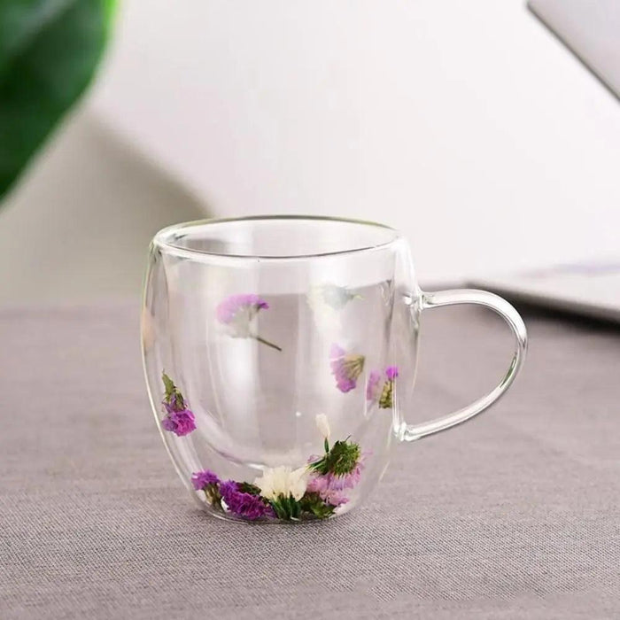 Elegant Double-Wall Glass Mug with Real Dried Flower Infusion - Heat-Resistant Tea and Coffee Cup with Stylish Handles