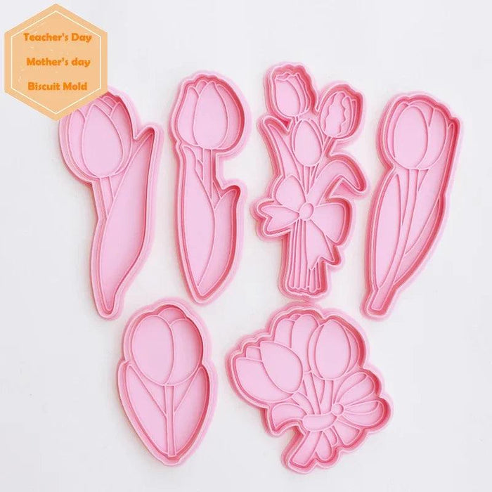 Embossed Tulip Cookie Cutter Mold for Baking and Cake Decoration - Food-Grade Pastry Tool