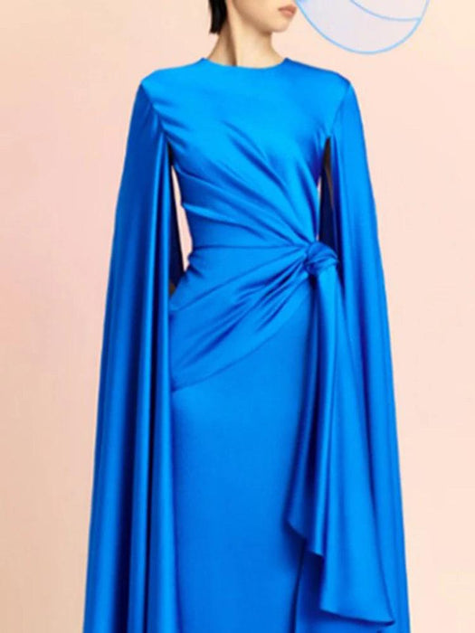 Chic Pleated Evening Dress with Bow Waist and Elegant Cape Sleeves - Summer Collection 35Z774