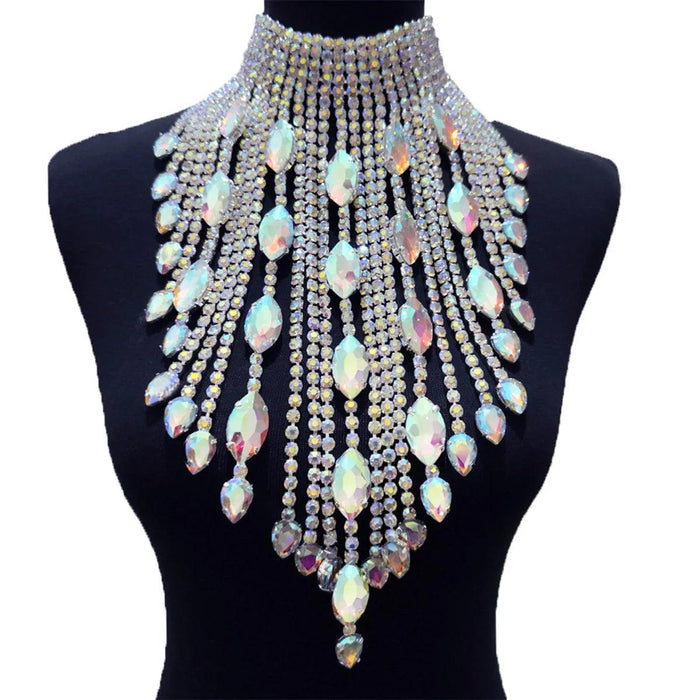 Elegant Silver Chain Choker Necklace with Crystal AB Rhinestone Tassels - Perfect for Weddings and Glamorous Occasions