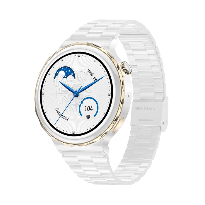 Sleek White Smartwatch with Health Tracking Features and NFC Support