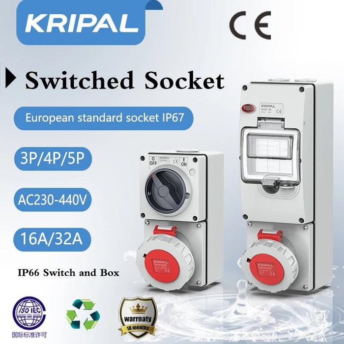 Heavy-Duty Waterproof 32A CEE Combination Socket with Circuit Protection and Switch Control