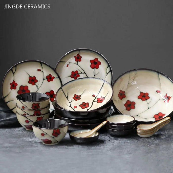 Handcrafted Plum Blossom Japanese Ceramic Dining Set - Elegant Plates and Bowls for Stylish Home Decor