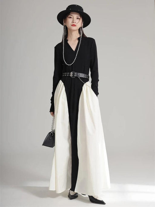 Chic Black Color-block Floor-Length Dress with V-Neck and Long Sleeves