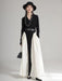 Chic Black Color-block Floor-Length Dress with V-Neck and Long Sleeves