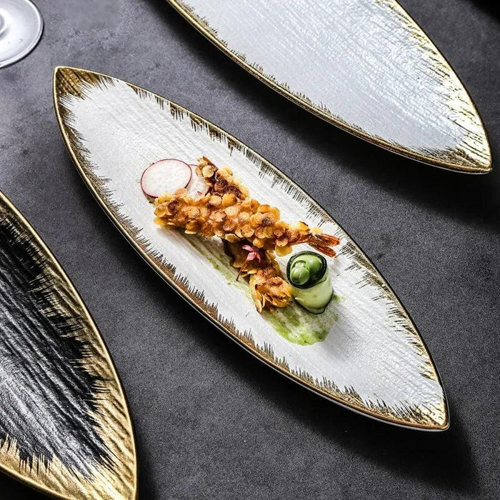 Sophisticated Japanese Ceramic Leaf Plate with Textured Finish and Gold Trim - Perfect for Elegant Dining