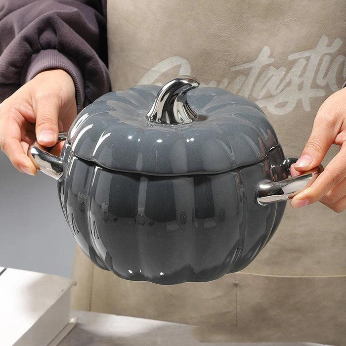 Festive Pumpkin-Shaped Ceramic Soup Pot and Dessert Bowl with Lid - Stylish Kitchen Essential