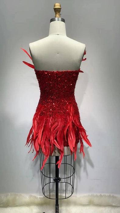 Crimson Glamour Feather Mini Dress - Luxe Edition