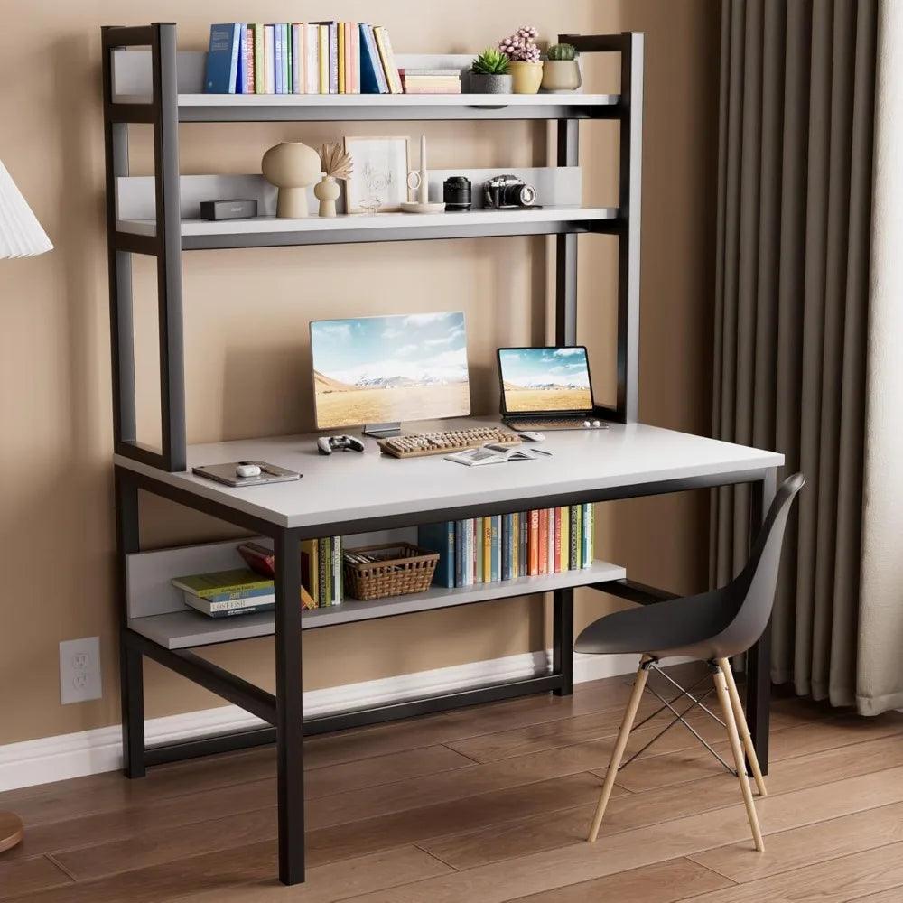 Modern White Office Desk with Hutch and 3-Tier Bookshelf for Stylish Workspace Efficiency