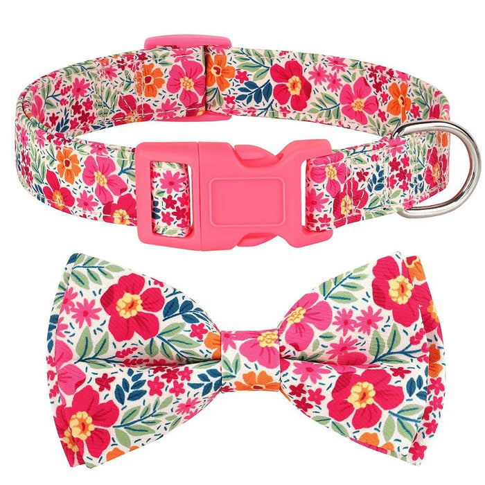 Floral Patterned Adjustable Dog Collar with Bowknot - Padded Nylon for All Breeds