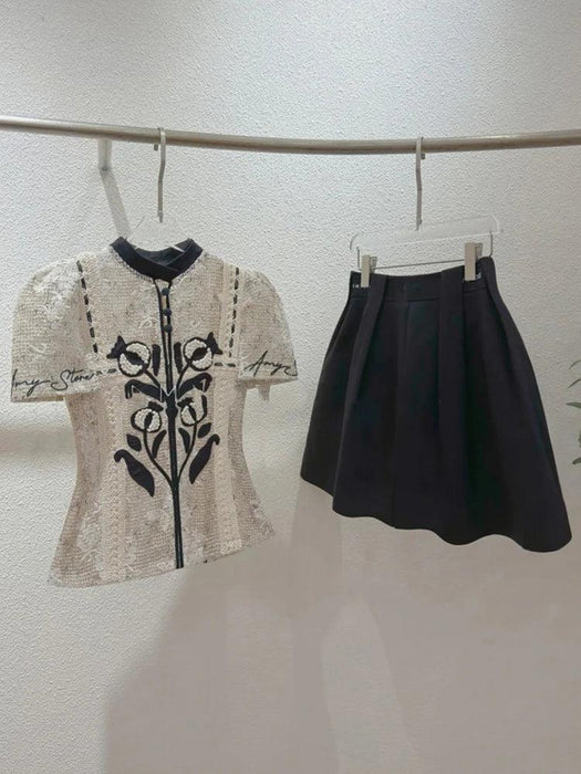 Floral Embroidery Lace Top and Pleated Skirt Set