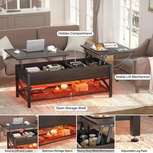 Modern Lift-Top Coffee Table with LED Lights, Built-in Outlets, and Storage Shelf