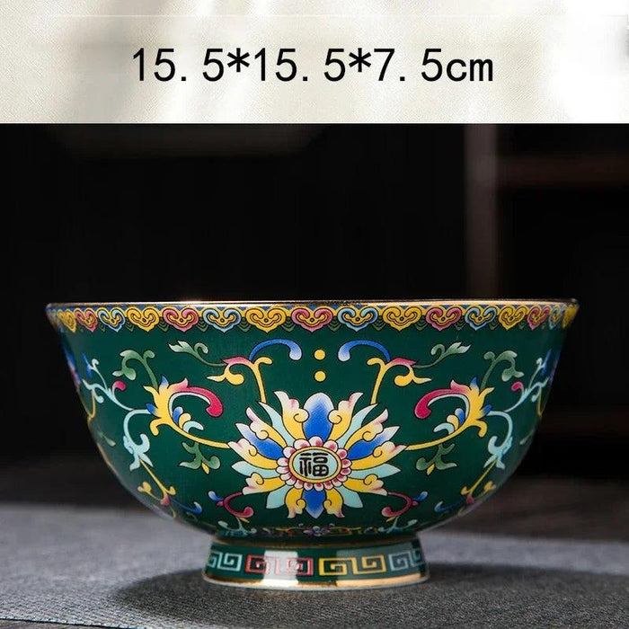 Ornate Chinese Ceramic Salad Bowl Set with Gold Trim - Elegant Enamel Tableware for Stylish Dining