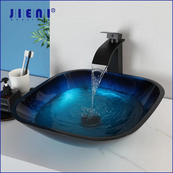 Elegant Blue Glass Bathroom Sink Set with Waterfall and Stream Faucet - Chic Home Upgrade