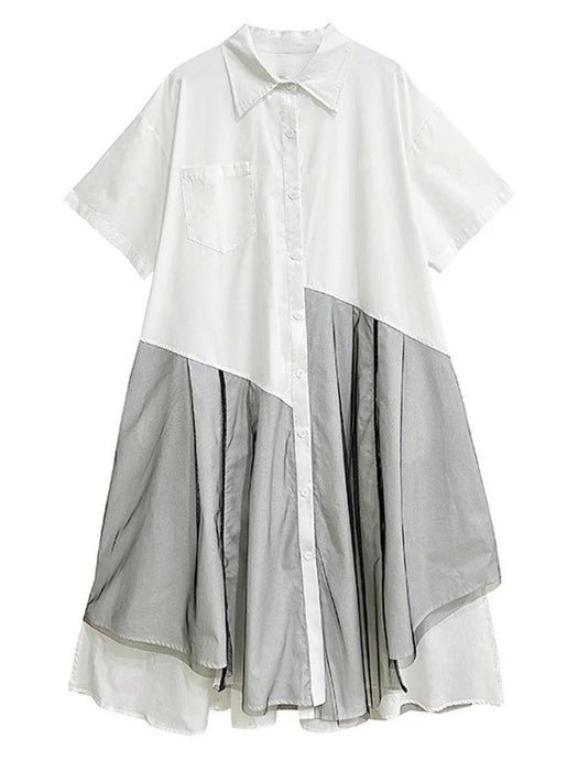 Trendy Plus Size White Mesh Shirt Dress with Irregular Splicing – Short Sleeve Fashion for Spring/Summer 2024