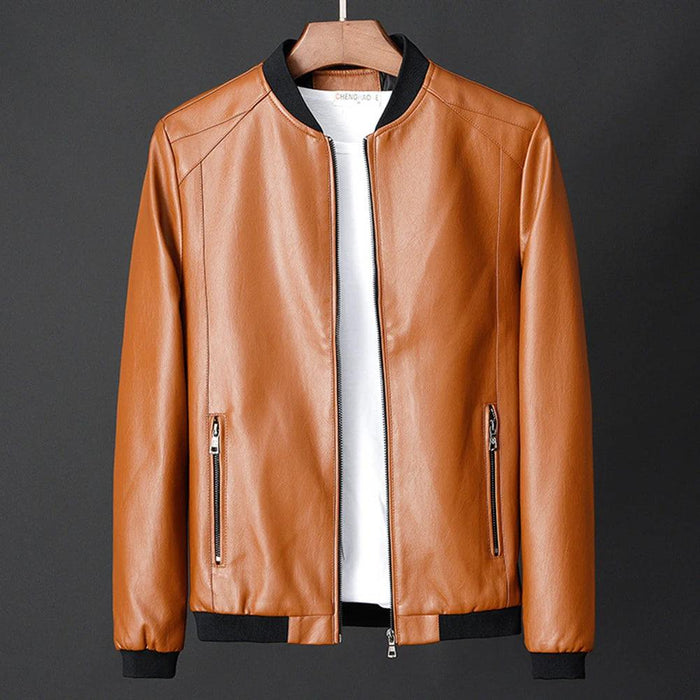 Men's Stylish Collarless Slim Fit Faux Leather Jacket - Trendy Korean Baseball Coat