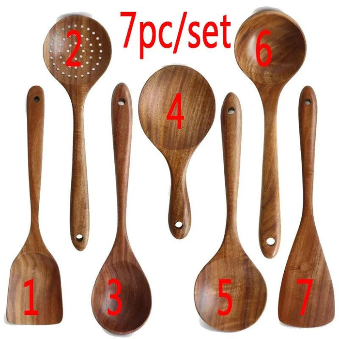 Sustainable Teak Wood 7-Piece Kitchen Utensil Set - Eco-Friendly Cooking Tools